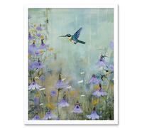 Wall Art Print Bluebell Hummingbird Pastel Painting Nectar Flowers Field Oil Painting Colour Artwork Art Framed Artery8 White W12 inch x H16 inch