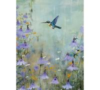 Wall Art Print Bluebell Hummingbird Pastel Painting Nectar Flowers Field Oil Painting Colour Artwork Poster Artery8 Blue W24 inch x H32 inch