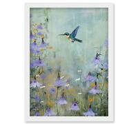 Wall Art Print Bluebell Hummingbird Pastel Painting Nectar Flowers Field Oil Painting Colour Artwork Framed A4 Artery8 White A4