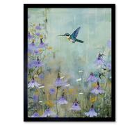 Wall Art Print Bluebell Hummingbird Pastel Painting Nectar Flowers Field Oil Painting Colour Artwork Art Framed Artery8 Black W12 inch x H16 inch