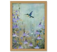 Wall Art Print Bluebell Hummingbird Pastel Painting Nectar Flowers Field Oil Painting Colour Artwork Framed A4 Artery8 Light Oak A4