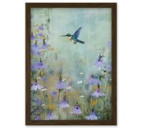 Wall Art Print Bluebell Hummingbird Pastel Painting Nectar Flowers Field Oil Painting Colour Artwork Framed A4 Artery8 Brown A4