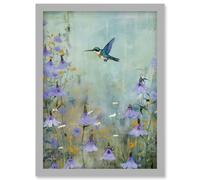 Wall Art Print Bluebell Hummingbird Pastel Painting Nectar Flowers Field Oil Painting Colour Artwork Framed A4 Artery8 Grey A4