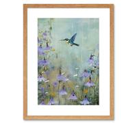 Wall Art Print Bluebell Hummingbird Pastel Painting Nectar Flowers Field Oil Painting Colour Artwork Framed 9X7 Inch Artery8 Beige W7 inch x H9 inch