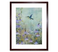 Wall Art Print Bluebell Hummingbird Pastel Painting Nectar Flowers Field Oil Painting Colour Artwork Framed 9X7 Inch Artery8 Brown W7 inch x H9 inch
