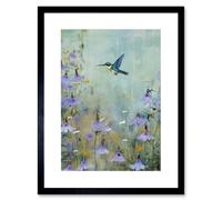 Wall Art Print Bluebell Hummingbird Pastel Painting Nectar Flowers Field Oil Painting Colour Artwork Framed 9X7 Inch Artery8 Black W7 inch x H9 inch