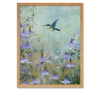 Wall Art Print Bluebell Hummingbird Pastel Painting Nectar Flowers Field Oil Painting Colour Artwork Art Framed Artery8 Light Oak W12 inch x H16 inch