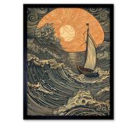 Wall Art Print Boat Sailing into the Sunset Linocut Art Framed Artery8 Black W12 inch x H16 inch
