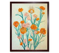 Wall Art Print Boho Marigold Flowers Teal Orange Painting Art Framed Artery8 Brown W12 inch x H16 inch