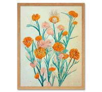 Wall Art Print Boho Marigold Flowers Teal Orange Painting Art Framed Artery8 Light Oak W12 inch x H16 inch