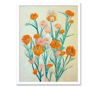 Wall Art Print Boho Marigold Flowers Teal Orange Painting Art Framed Artery8 White W12 inch x H16 inch