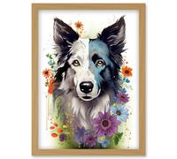 Wall Art Print Border Collie Dog Pict Scotland Blue Basant Face Bright Artwork Portrait with Wildflowers Artwork Framed A4 Artery8 Light Oak A4