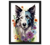 Wall Art Print Border Collie Dog Pict Scotland Blue Basant Face Bright Artwork Portrait with Wildflowers Artwork Framed A4 Artery8 Black A4