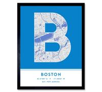 Wall Art Print Boston Massachusetts United States City Map Modern Typography Stylish Letter Framed Word Wee Blue Coo Blue W12 inch x H16 inch