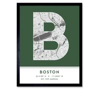 Wall Art Print Boston Massachusetts United States City Map Modern Typography Stylish Letter Framed Word Wee Blue Coo Green W12 inch x H16 inch
