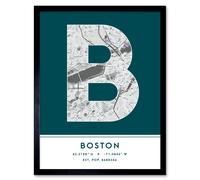 Wall Art Print Boston Massachusetts United States City Map Modern Typography Stylish Letter Framed Word Wee Blue Coo Teal W12 inch x H16 inch