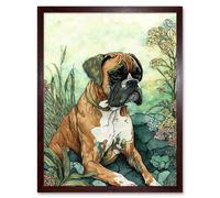 Wall Art Print Boxer Dog in Flower Field Colourful Watercolour Art Framed Artery8 Brown W12 inch x H16 inch