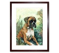 Wall Art Print Boxer Dog in Flower Field Colourful Watercolour Artwork Framed 9X7 Inch Artery8 Brown W7 inch x H9 inch