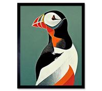 Wall Art Print Bright Bold Colourful Atlantic Puffin Bird Portrait Art Framed Artery8 Black W12 inch x H16 inch