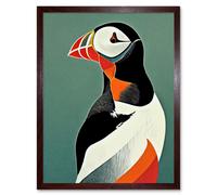 Wall Art Print Bright Bold Colourful Atlantic Puffin Bird Portrait Art Framed Artery8 Brown W12 inch x H16 inch
