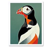 Wall Art Print Bright Bold Colourful Atlantic Puffin Bird Portrait Art Framed Artery8 White W12 inch x H16 inch