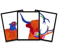 Wall Art Print Bright Colourful Scottish Highland Wildlife Framed Poster Pack of 3 Wee Blue Coo Multi W12 inch x H16 inch