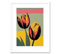 Wall Art Print Bright Modern Silkscreen Tulip Blooms Stencil Dusky Pink Sage Green Mustard Yellow Artwork Framed 9X7 Inch Artery8 White W7 inch x H9 inch