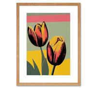 Wall Art Print Bright Modern Silkscreen Tulip Blooms Stencil Dusky Pink Sage Green Mustard Yellow Artwork Framed 9X7 Inch Artery8 Beige W7 inch x H9 inch