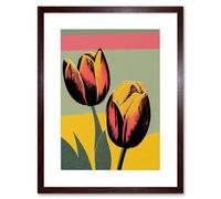 Wall Art Print Bright Modern Silkscreen Tulip Blooms Stencil Dusky Pink Sage Green Mustard Yellow Artwork Framed 9X7 Inch Artery8 Brown W7 inch x H9 inch