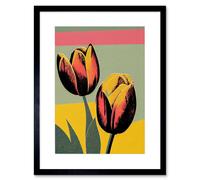 Wall Art Print Bright Modern Silkscreen Tulip Blooms Stencil Dusky Pink Sage Green Mustard Yellow Artwork Framed 9X7 Inch Artery8 Black W7 inch x H9 inch