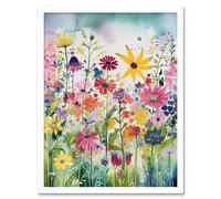 Wall Art Print Bright Wildflower Floral Blooms Folk Art Framed Artery8 White W12 inch x H16 inch
