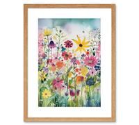 Wall Art Print Bright Wildflower Floral Blooms Folk Artwork Framed 9X7 Inch Artery8 Beige W7 inch x H9 inch