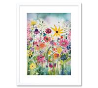 Wall Art Print Bright Wildflower Floral Blooms Folk Artwork Framed 9X7 Inch Artery8 White W7 inch x H9 inch