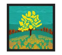 Wall Art Print Bright Yellow Tree On Turquoise Hill Modern Autumn Square Framed Picture 16X16 Inch Artery8 Black W16 inch x H16 inch