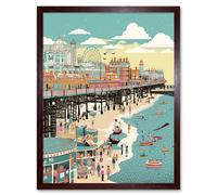 Wall Art Print Brighton Beach Pier and Sandy Summer Scene Art Framed Artery8 Brown W12 inch x H16 inch