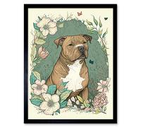 Wall Art Print Brown Staffordshire Bull Terrier and Flowers Modern Pastel Boho Art Framed Artery8 Black W12 inch x H16 inch