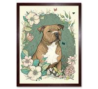Wall Art Print Brown Staffordshire Bull Terrier and Flowers Modern Pastel Boho Art Framed Artery8 Brown W12 inch x H16 inch