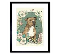 Wall Art Print Brown Staffordshire Bull Terrier and Flowers Modern Pastel Boho Artwork Framed 9X7 Inch Artery8 Black W7 inch x H9 inch