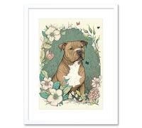 Wall Art Print Brown Staffordshire Bull Terrier and Flowers Modern Pastel Boho Artwork Framed 9X7 Inch Artery8 White W7 inch x H9 inch