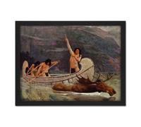 Wall Art Print Brush The Moose Chase Hunting Native American Painting Large Framed Wall Décor Art Artery8 White W18 inch x H24 inch