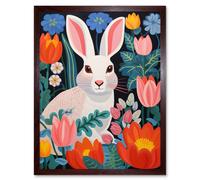 Wall Art Print Bunny Rabbit in Colourful Bold Vibrant Flowers Kids Bedroom Floral Artwork Garden Spring Blooms Art Framed Artery8 Brown W12 inch x H16 inch