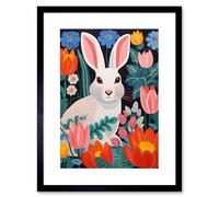 Wall Art Print Bunny Rabbit in Colourful Bold Vibrant Flowers Kids Bedroom Floral Artwork Garden Spring Blooms Artwork Framed 9X7 Inch Artery8 Black W7 inch x H9 inch