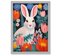 Wall Art Print Bunny Rabbit in Colourful Bold Vibrant Flowers Kids Bedroom Floral Artwork Garden Spring Blooms Artwork Framed A4 Artery8 Grey A4