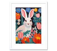 Wall Art Print Bunny Rabbit in Colourful Bold Vibrant Flowers Kids Bedroom Floral Artwork Garden Spring Blooms Artwork Framed 9X7 Inch Artery8 White W7 inch x H9 inch