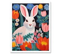 Wall Art Print Bunny Rabbit in Colourful Bold Vibrant Flowers Kids Bedroom Floral Artwork Garden Spring Blooms Art Framed Artery8 White W12 inch x H16 inch