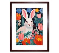 Wall Art Print Bunny Rabbit in Colourful Bold Vibrant Flowers Kids Bedroom Floral Artwork Garden Spring Blooms Artwork Framed 9X7 Inch Artery8 Brown W7 inch x H9 inch