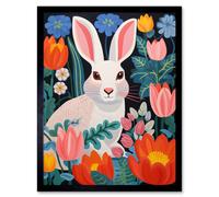 Wall Art Print Bunny Rabbit in Colourful Bold Vibrant Flowers Kids Bedroom Floral Artwork Garden Spring Blooms Art Framed Artery8 Black W12 inch x H16 inch