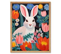Wall Art Print Bunny Rabbit in Colourful Bold Vibrant Flowers Kids Bedroom Floral Artwork Garden Spring Blooms Art Framed Artery8 Light Oak W12 inch x H16 inch