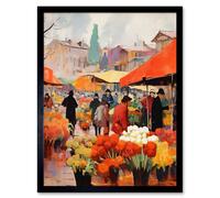 Wall Art Print Busy Flower Market Warm Amber Orange Yellow Oil Painting Art Framed Artery8 Black W12 inch x H16 inch