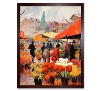 Wall Art Print Busy Flower Market Warm Amber Orange Yellow Oil Painting Art Framed Artery8 Brown W12 inch x H16 inch